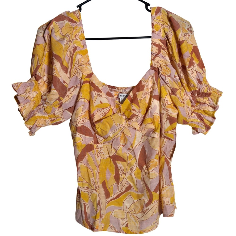 Nine West Floral Twist Front Puff Sleeve Top Large NWT Boho Cottage Summer Beach
